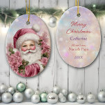 Grandtochter Pink Christmas Rose Bouquet Santa Keramik Ornament<br><div class="desc">Hier ist ein hübscher Weihnachtsschmuck für die besondere Enkelin, Tochter oder Nichte! Ein klassisches Bild des Weihnachtsmannes ist in Rosa gekleidet, und ein Blick aus einem Strauß rosa Rosen. Das Bild wird auf einem rosa und lavender bokeh Hintergrund platziert. Die Rückseite des Ornaments hat den gleichen Hintergrund wie Ihr eigener...</div>