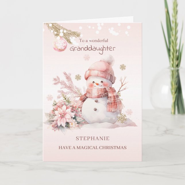 Grandtochter Pink Weihnachtsschneemännchen Feiertagskarte (Vorderseite)