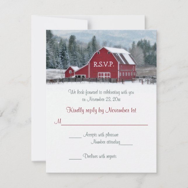 Grange rouge en mariage d'hiver Carte RSVP (Devant)