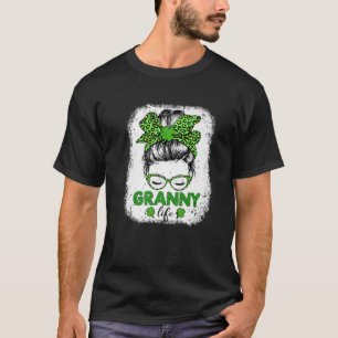Granny Clover Messy Bun Leopard Funny St Patrick's T-Shirt