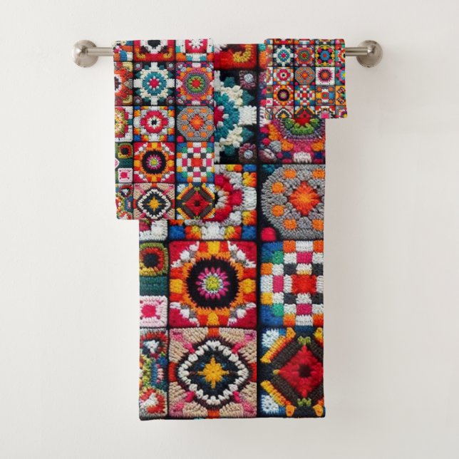 Granny Squares Crochet Pattern Blankon Print Badhandtuch Set (Insitu)