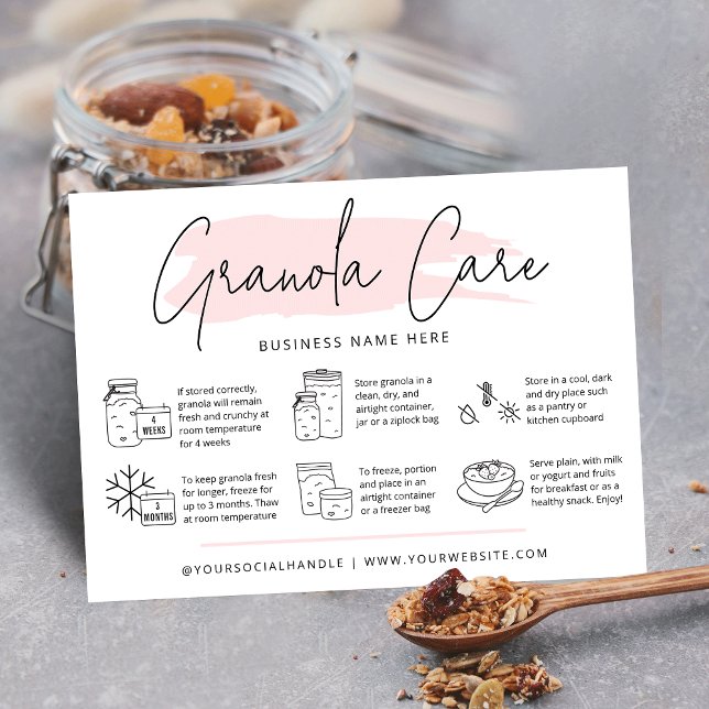 Granola Care Card Modern Pink Watercolor Visitenkarte (Sourdough granola care cards with icons, modern script font and pink watercolor and your logo)