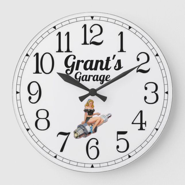 Grant's Garage Zündkerzenstift hoch Große Wanduhr (Vorderseite)
