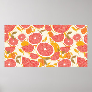 Grapefruit und halbierte Scheiben mit Blätter auf  Poster