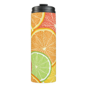 Grapefruit und orange abstrakter Hintergrund. Thermosbecher