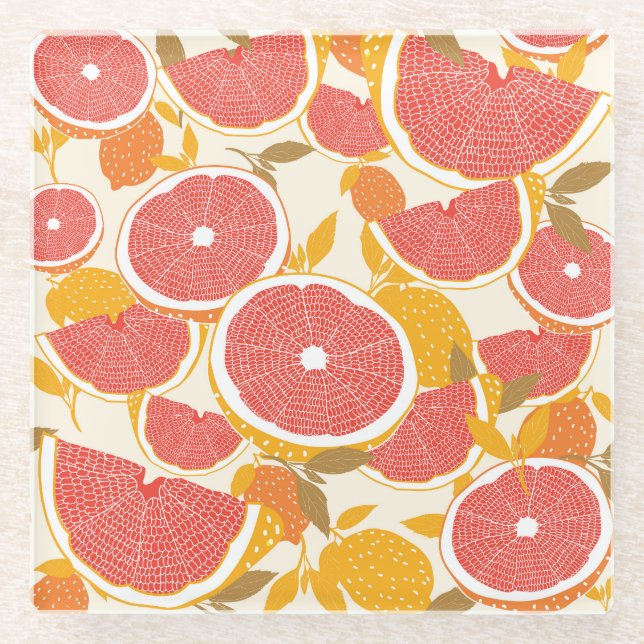 Grapefruitscheiben mit Blätter Glasuntersetzer (Vorderseite)