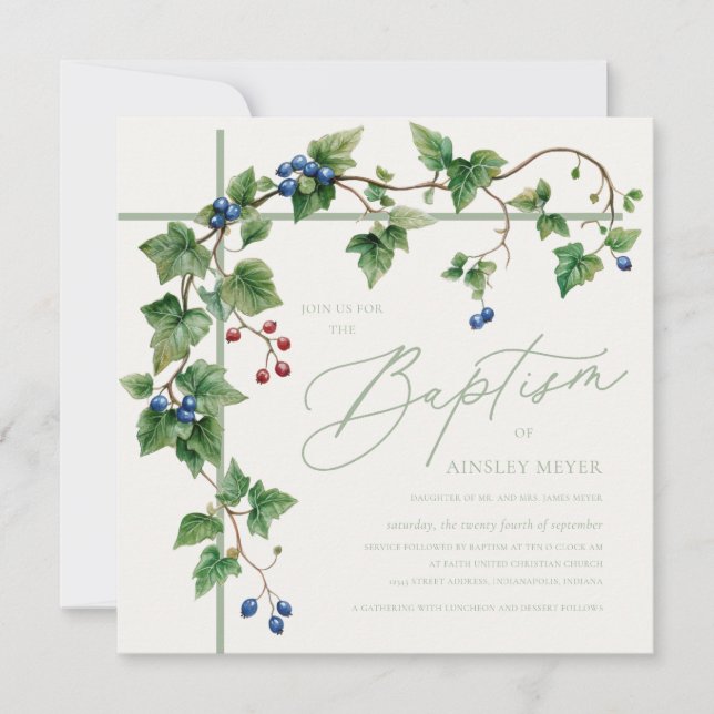 Grapevine Covered Cross Soft Green Script Taufe Einladung (Vorderseite)