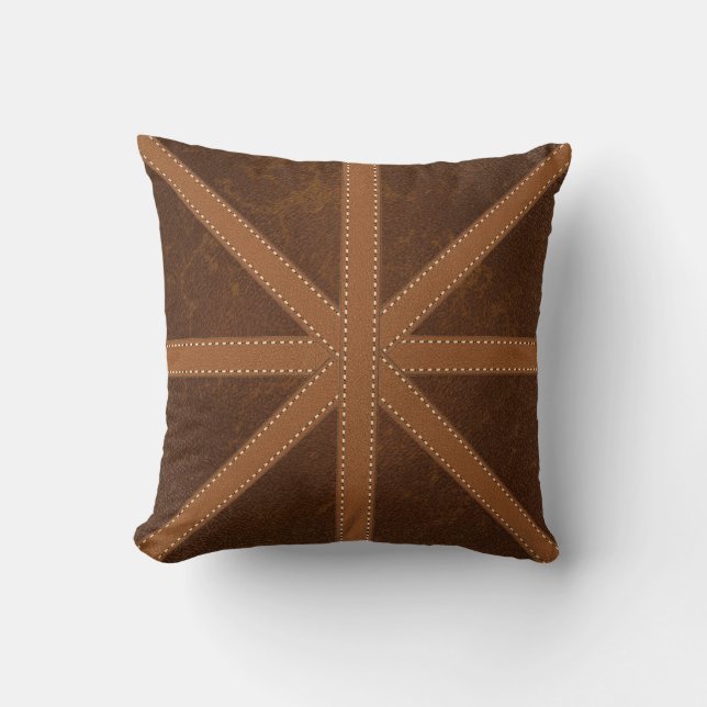 Graphic Brown Leather Muster Union Jack Cross Kissen (Vorderseite)
