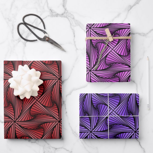 Graphic Geometric 3D Spiral Drehung Rot Rosa Lila Geschenkpapier Set (Vorderseite)