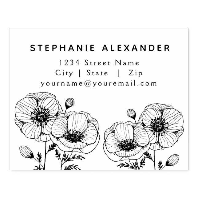 Graphic Poppy Blume Schwarze Tinte Rücksendeadress Gummistempel (Prägung)