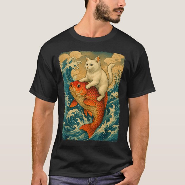 Graphic Tee Men Women Funny Cat Koi Japanese Art W (Vorderseite)