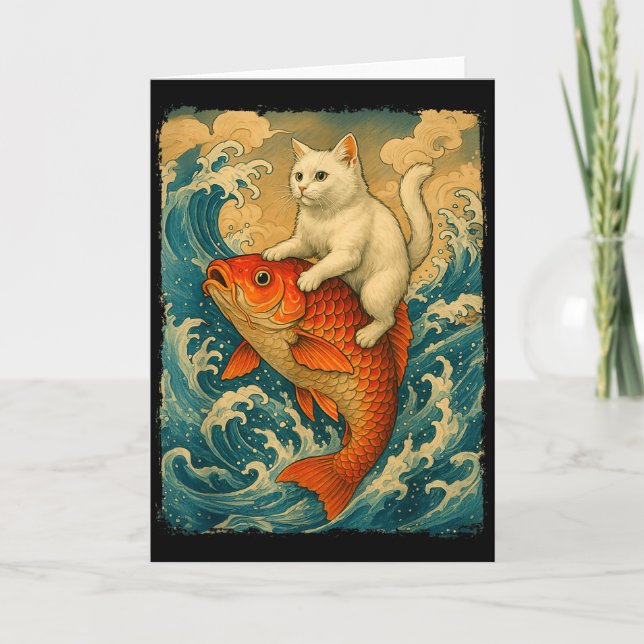 Graphic Tee Men Women Funny Cat Koi Japanese Art W Karte (Vorderseite)