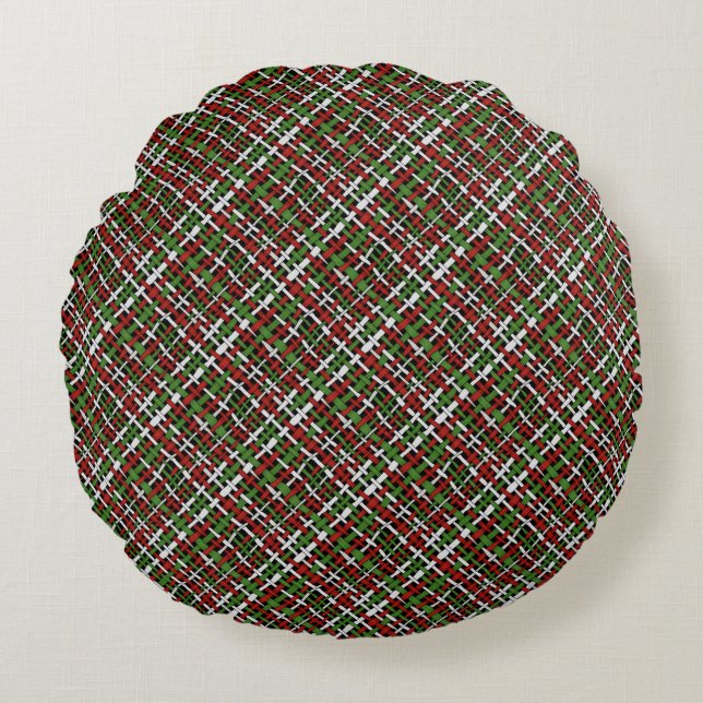 Graphic Woven Burlap Red Green Rundes Kissen (Vorderseite)
