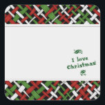 Graphic Woven Christmas Burlap Labels mit Text Quadratischer Aufkleber<br><div class="desc">Mit diesen Aufklebern behalte du deine Saisonprodukte! Wo ist die Lieblingsbaumdekoration von Papa und wo sind Mama's Weihnachtswagen-Fußbodenmatten? Grafisch diagonal gewebte farbige Fäden bilden ein lustiges und lebendiges Weihnachtsmuster in den traditionellen saisonalen Farben Rot, Grün und Weiß, bringt das richtige Ambiente in Ihren Lagerraum. Weiß gerahmt ist für das Schreiben...</div>