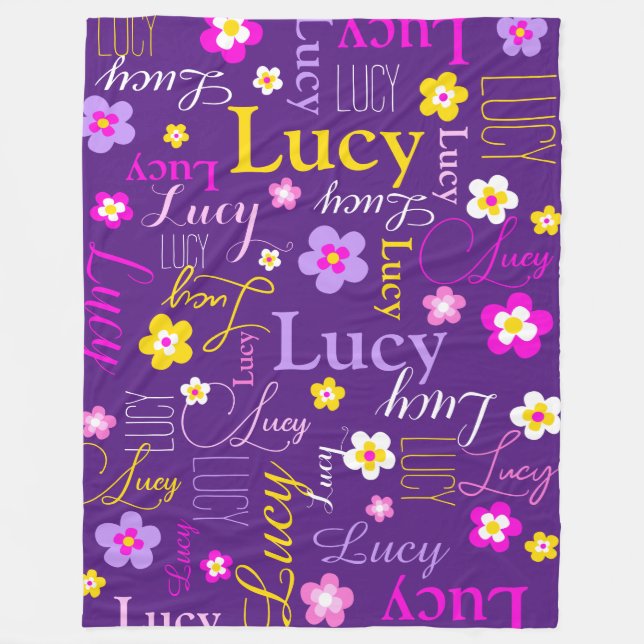 Graphische Blume Lucy Name lila rosa gelb Fleecedecke (Vorderseite)