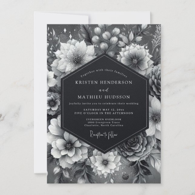 Graphit Düstere Blütenhochzeit Einladung (Vorderseite)