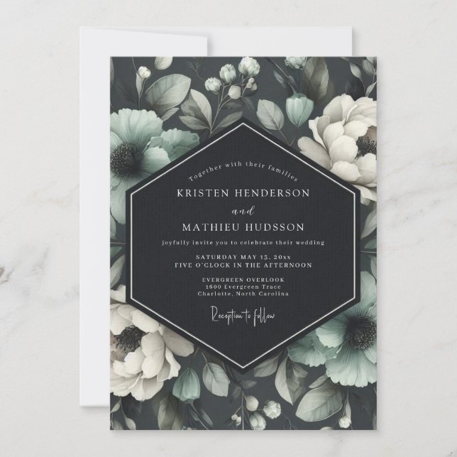 Graphit Viridian Flora Hochzeit Einladung (Vorderseite)