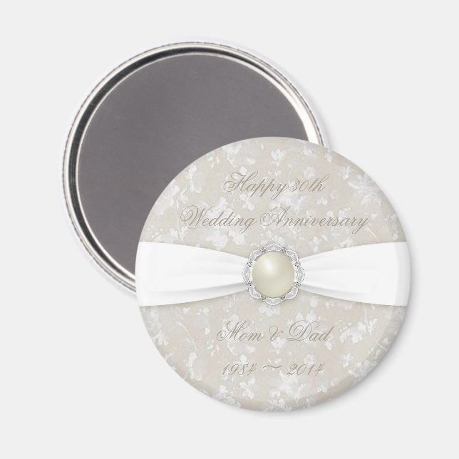 Gras Damask 30e anniversaire Mariage Magnet rond (Recto/Verso)