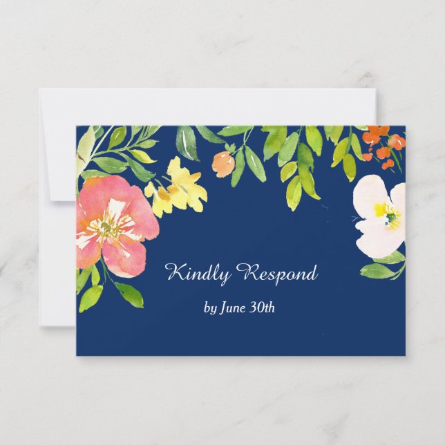Gras Floral Bordure Marine Blue Wedding RSVP (Devant)