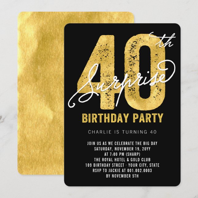 Gras Gold Foil Surprise 40e Invitation de la fête  (Devant / Derrière)