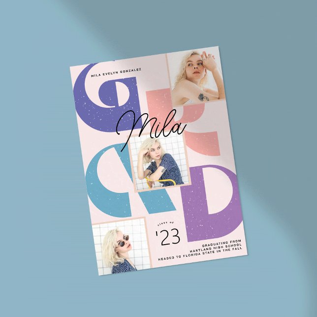 Gras Retro 3 photo Faire-part de graduation (retro graduation card with fun bold typography
)