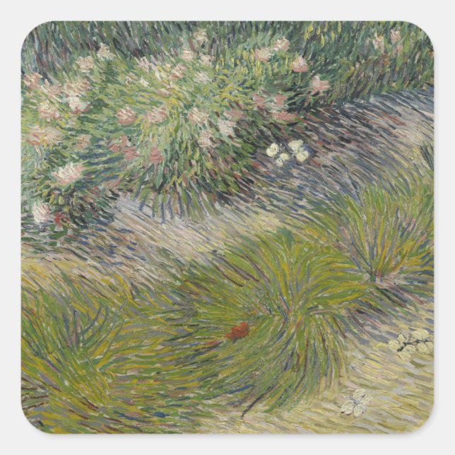 Gras und Schmetterlinge von Vincent van Gogh Quadratischer Aufkleber (Vorderseite)