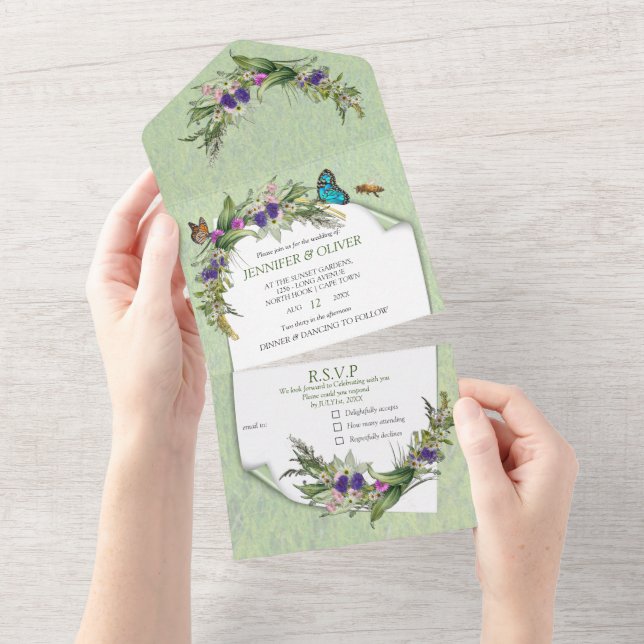 Gräser & Frühlingsblumen - alles in einer Hochzeit All In One Einladung (Abreißen)
