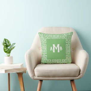Grass Green Reverse Griechisch Key Border Monogram Kissen
