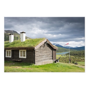 Grasscholledach-Klotzkabine im Norwegen-Fotodruck Fotodruck