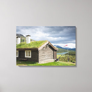 Grasscholledach-Klotzkabine in Norwegen-Leinwand Leinwanddruck