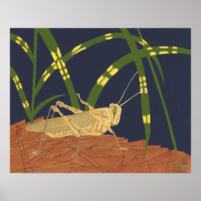 Grasshopper in grünem Gras im blauen Hintergrund Poster (Vorne)