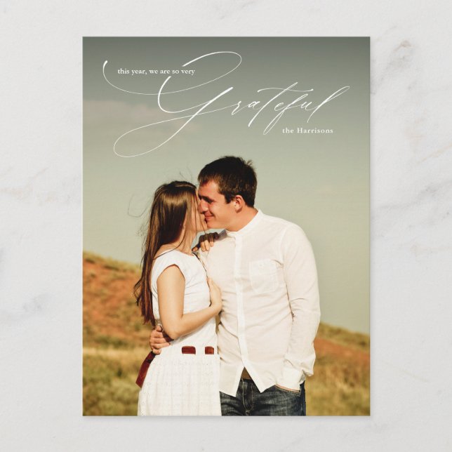 Gratea White Script Overlay Full Foto Holiday Postkarte (Vorderseite)