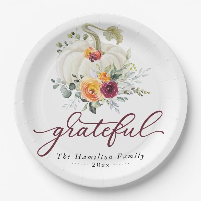 Grateful Burgundy Floral Pumpkin Erntedank Pappteller (Vorderseite)