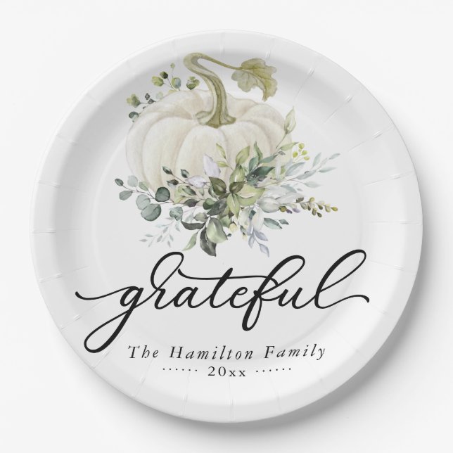 Grateful Greenery White Pumpkin Erntedank Pappteller (Vorderseite)