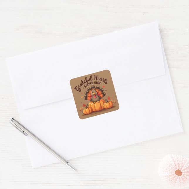 Grateful Hearts Thanksgiving Turkey Quadratischer Aufkleber (Umschlag)