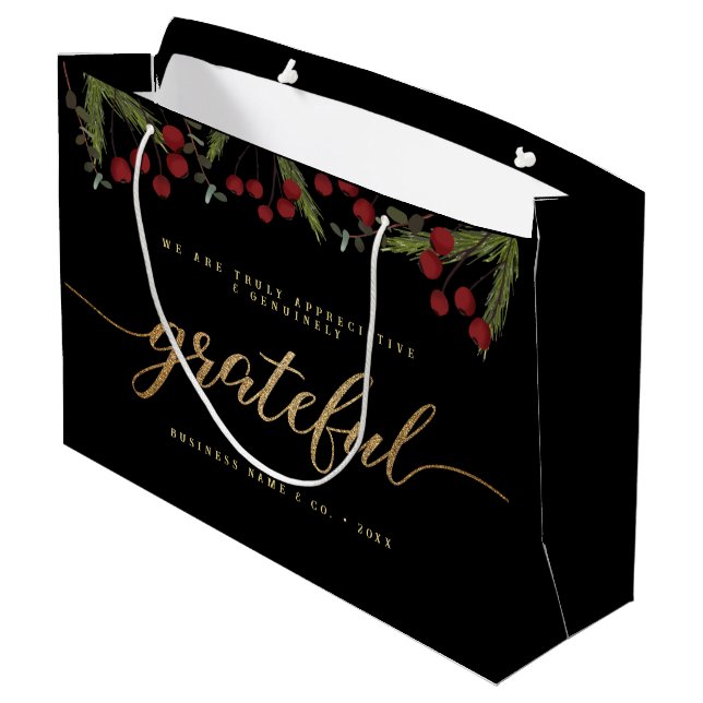 Grateful Modern Script Holly Pine business logo  Große Geschenktüte (Rückseite Schrägansicht)