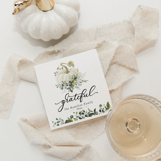Grateful White Pumpkin Greenery Erntedank Serviette (Von Creator hochgeladen)