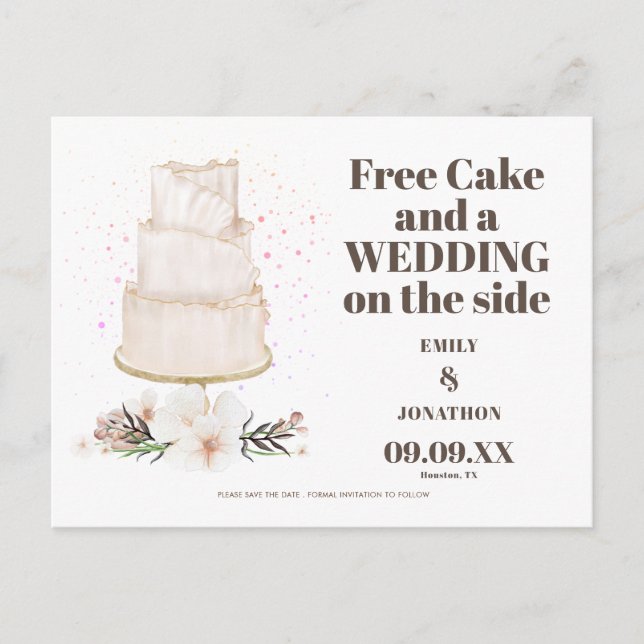 Gratis-Cake-Hochzeit auf der Seite von Boho Save t Ankündigungspostkarte (Vorderseite)