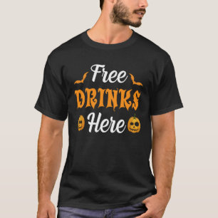 Gratis Drinks hier Funny Pumpkin Beängstigend Bat T-Shirt