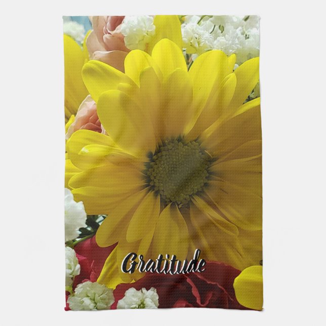 Gratitude Floral Yellow Daisy Photo Geschirrtuch (Vertikal)