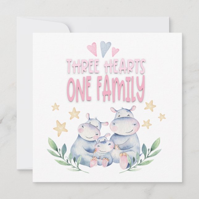 Gratulation Baby Girl Niedlich Hippos Three Hearts (Vorderseite)