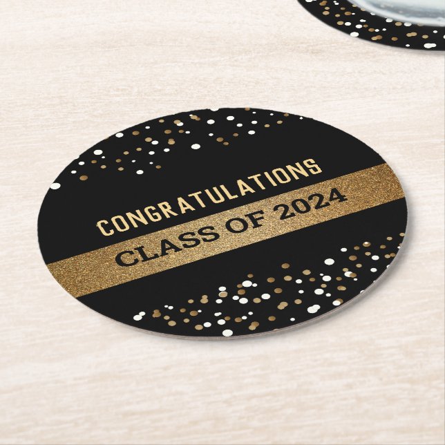 Gratulation Class of 2024 Black Gold Runder Pappuntersetzer (Angewinkelt)