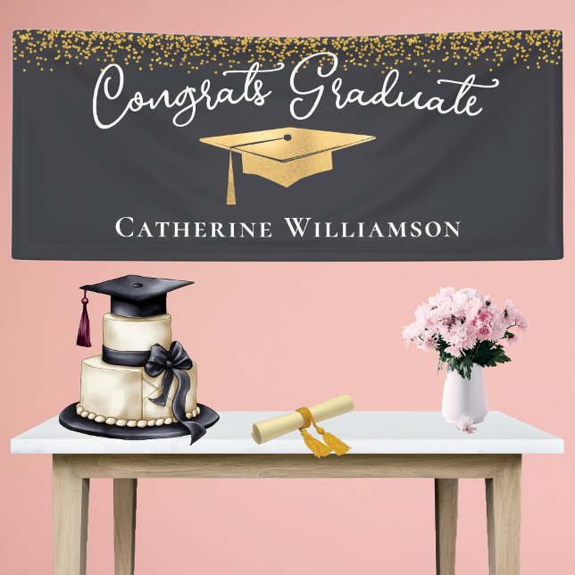 Gratulation Custom Elegant Gold Graduate Banner (Elegant Gold Graduation Cap Congratulations Graduation Party Banner)