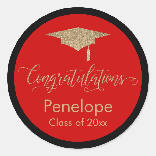 Gratulation Gold Graduation Cap Red Runder Aufkleber (Vorderseite)