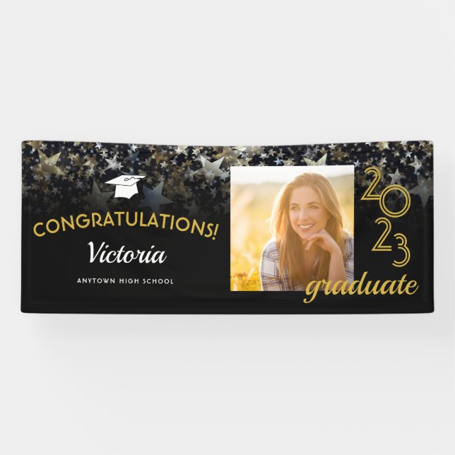 Gratulation Graduate 2022 Black and Gold Foto Banner (Horizontal)