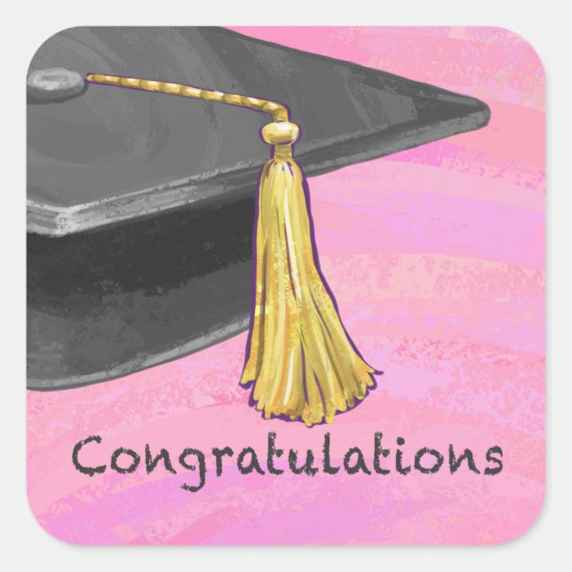 Gratulation Graduate Black and Pink Quadratischer Aufkleber (Vorderseite)