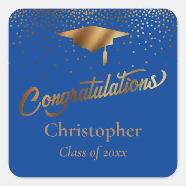 Gratulation Graduate, Class of Gold & Blue Quadratischer Aufkleber (Vorderseite)