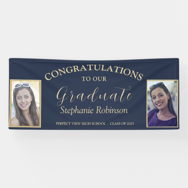 Gratulationen Gold Script 2 Foto Grad Blue Banner (Horizontal)