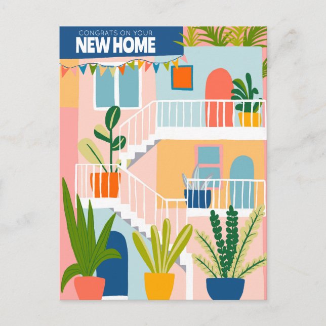GRATULATIONEN Neue Zuhause Niedliche Tropenwohnung Postkarte (Vorderseite)