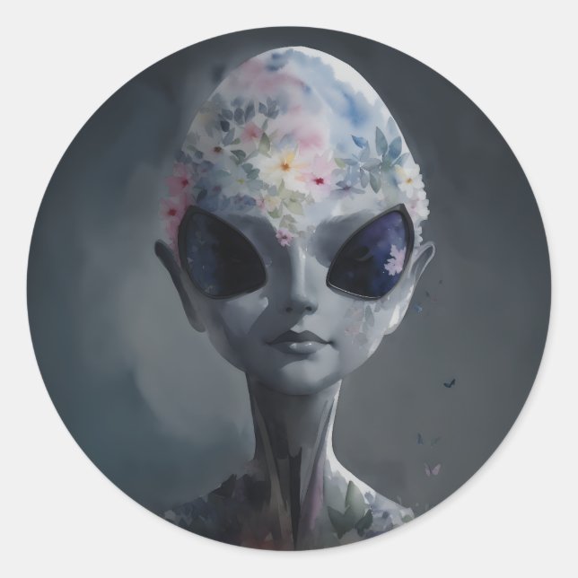 Grau Alien Floral Wasserfarbe Kunst Runder Aufkleber (Vorderseite)